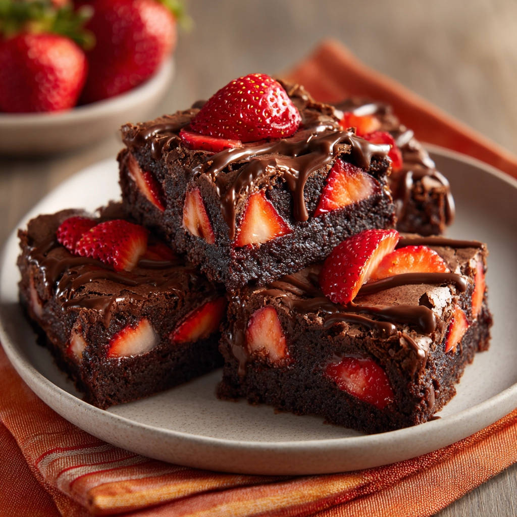Erdbeer-Schoko-Brownies angeschnitten mit frischen Erdbeeren und Schokoladenglasur auf einem Teller