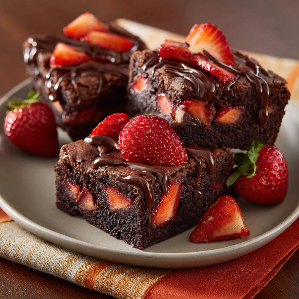Erdbeer-Schoko-Brownies mit frischen Erdbeeren und Schokoladenguss auf einem Teller, Nahaufnahme