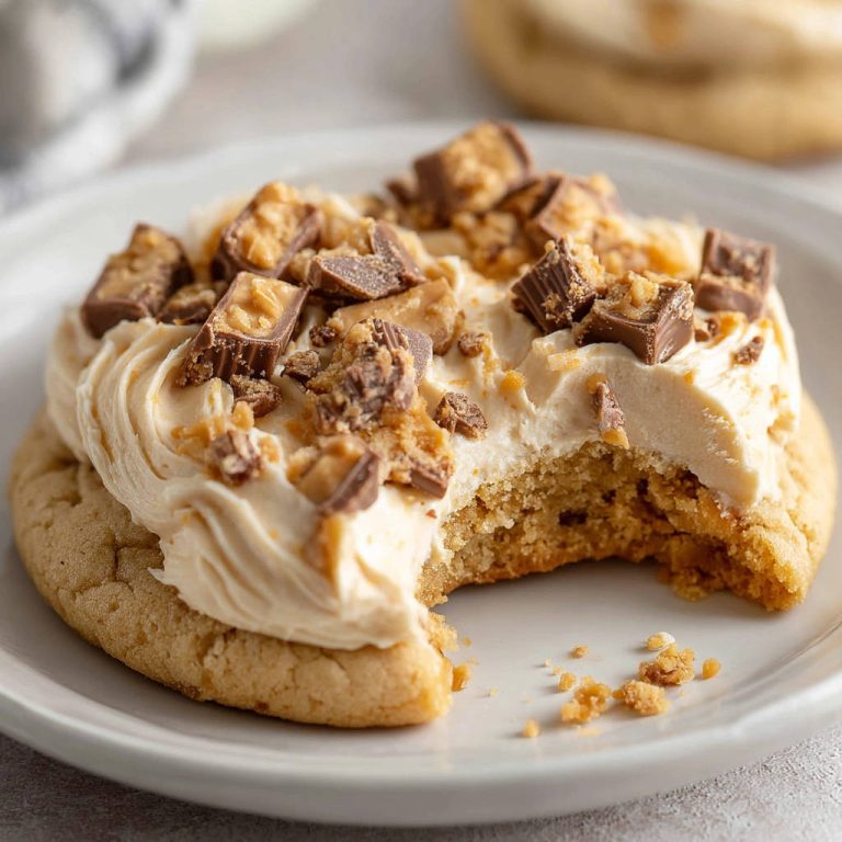 Erdnussbutter-Cookies mit Frischkäse-Frosting, angeschnitten auf einem Teller mit Schokoladenstückchen garniert.