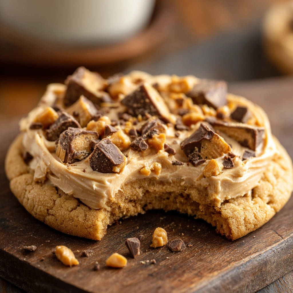 Erdnussbutter-Cookies mit Frischkäse-Frosting, angeschnitten und mit Schokoladenstückchen garniert, auf einem Holzbrett