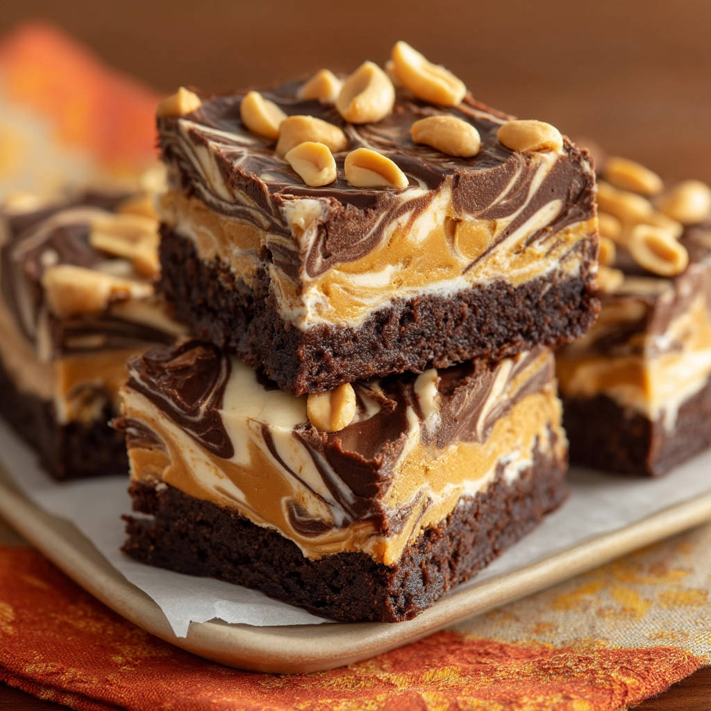 Erdnussbutter-Schoko-Swirl Brownies mit Erdnüssen als Garnitur und Swirl-Muster im Nahaufnahme-Schnitt.