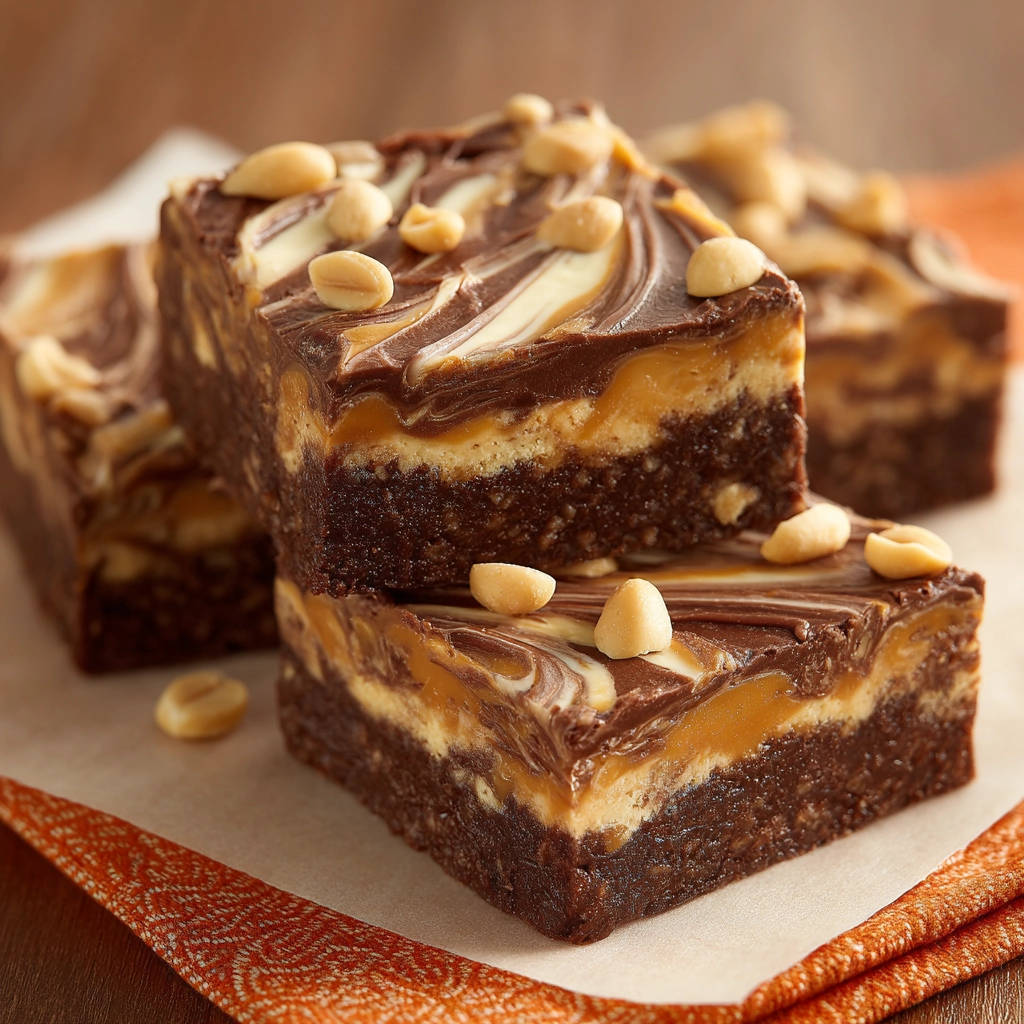 Erdnussbutter-Schoko-Swirl Brownies als Stapel nah aufgenommen mit Erdnüssen obendrauf und Swirl-Muster in Schokolade und Erdnussbutter.