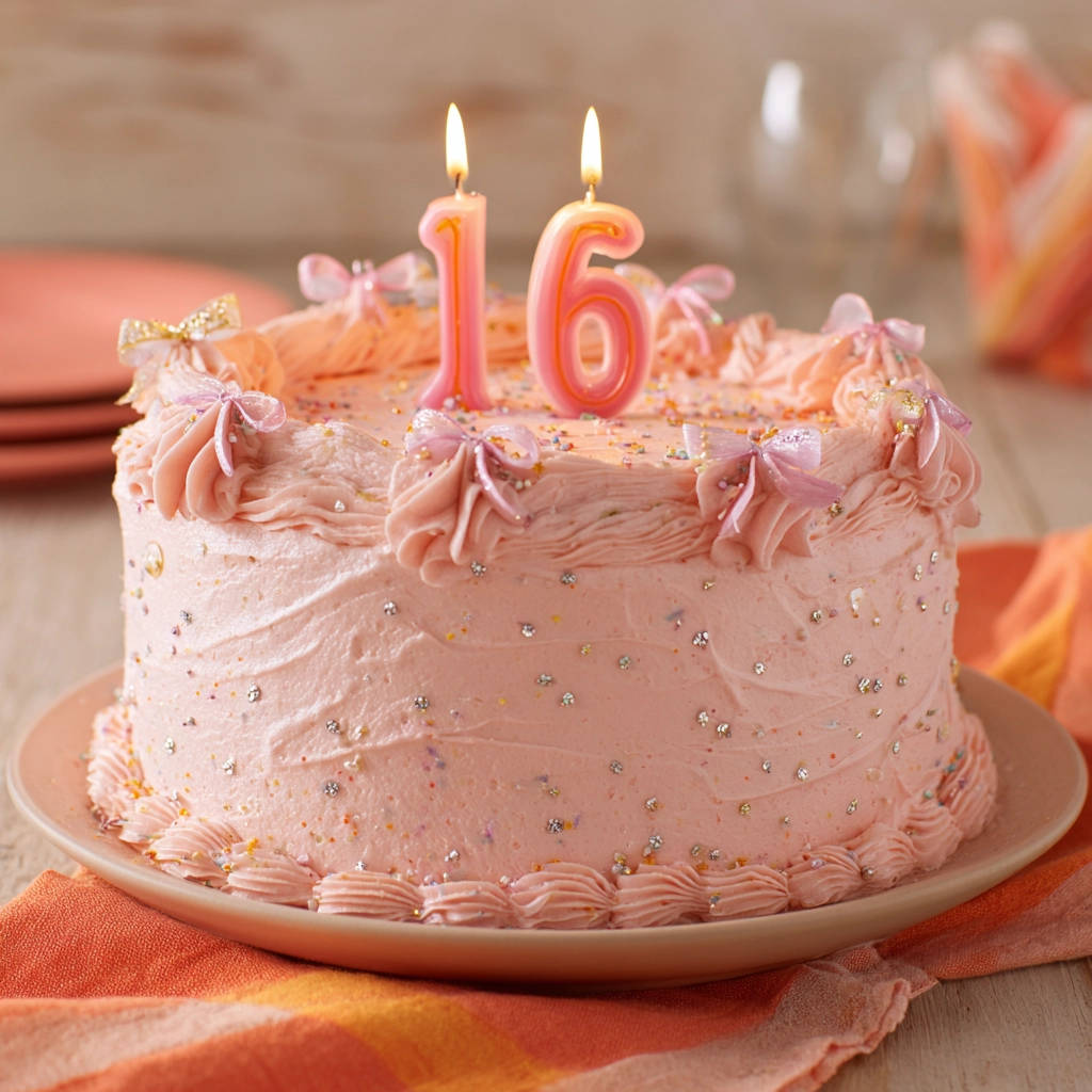 Festliche Buttercreme-Torte mit Kerzen in Form der Zahl 16, dekoriert mit rosa Buttercreme und kleinen Schleifen.