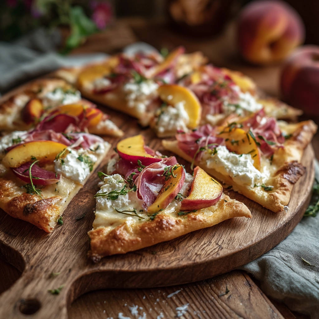 Flammkuchen Häppchen mit Pfirsich, Prosciutto und Burrata, angeschnitten auf einem Holzbrett serviert.