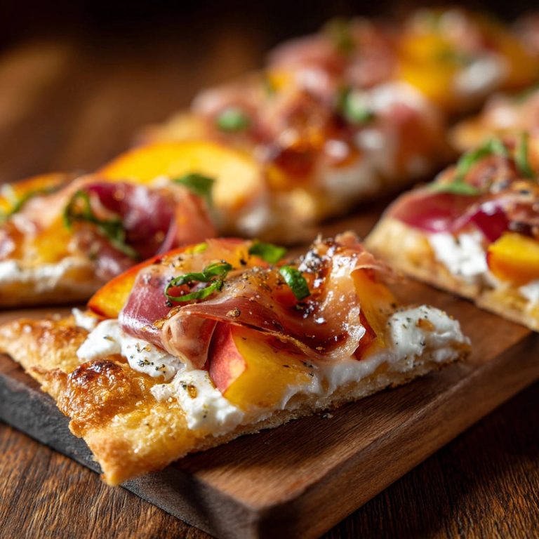 Flammkuchen Häppchen mit Pfirsich, Prosciutto und Burrata, angeschnitten auf einem Holzbrett mit Nahaufnahme der Beläge.
