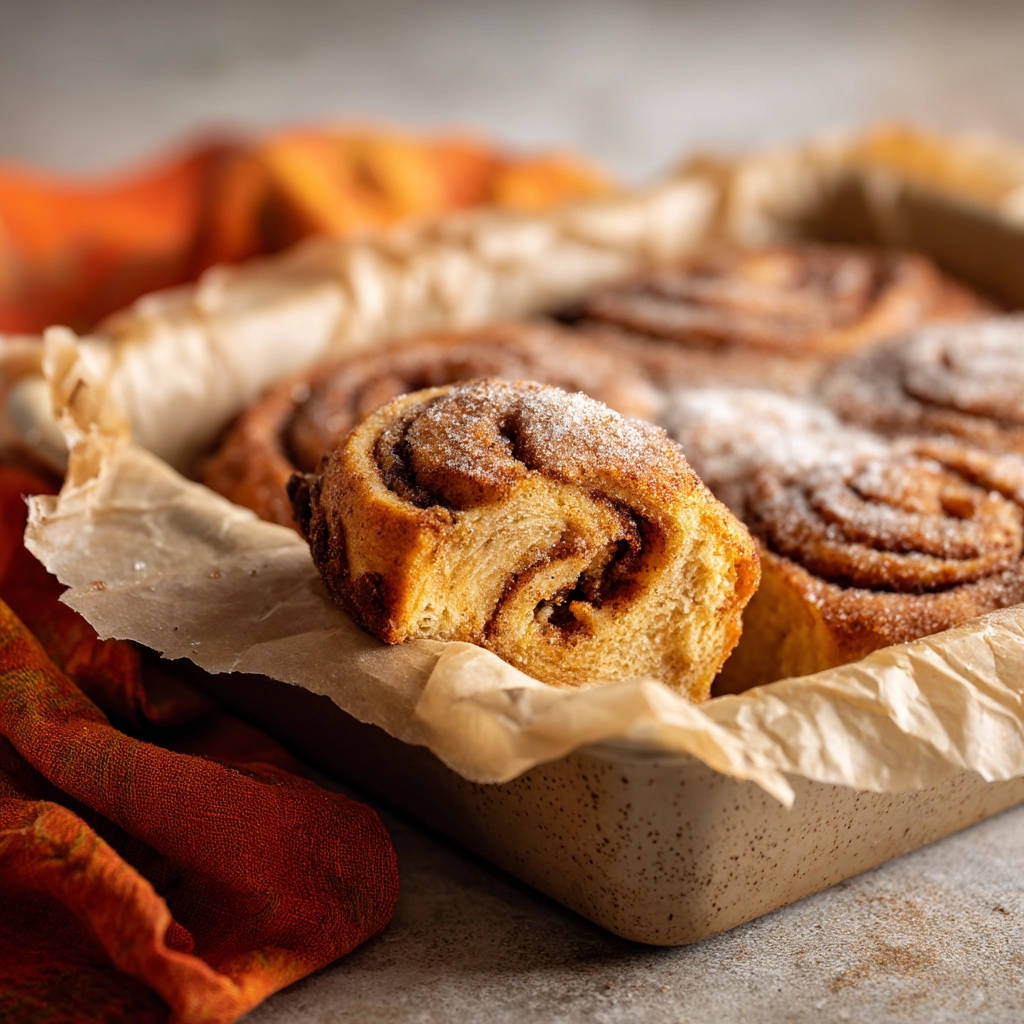 Flauschige Zimtschnecken angeschnitten, um die saftige Füllung und den fluffigen Teig im Detail zu zeigen.