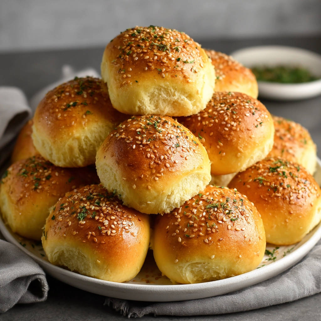 Fluffige Brötchen, garniert mit Sesam und frischen Kräutern, gestapelt auf einem Teller.