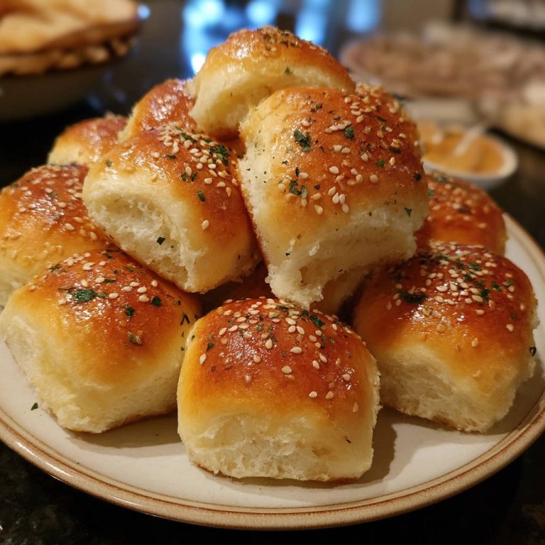 Fluffige Brötchen, garniert mit Kräutern und Sesam, auf einem Teller gestapelt, frisch aus dem Ofen.