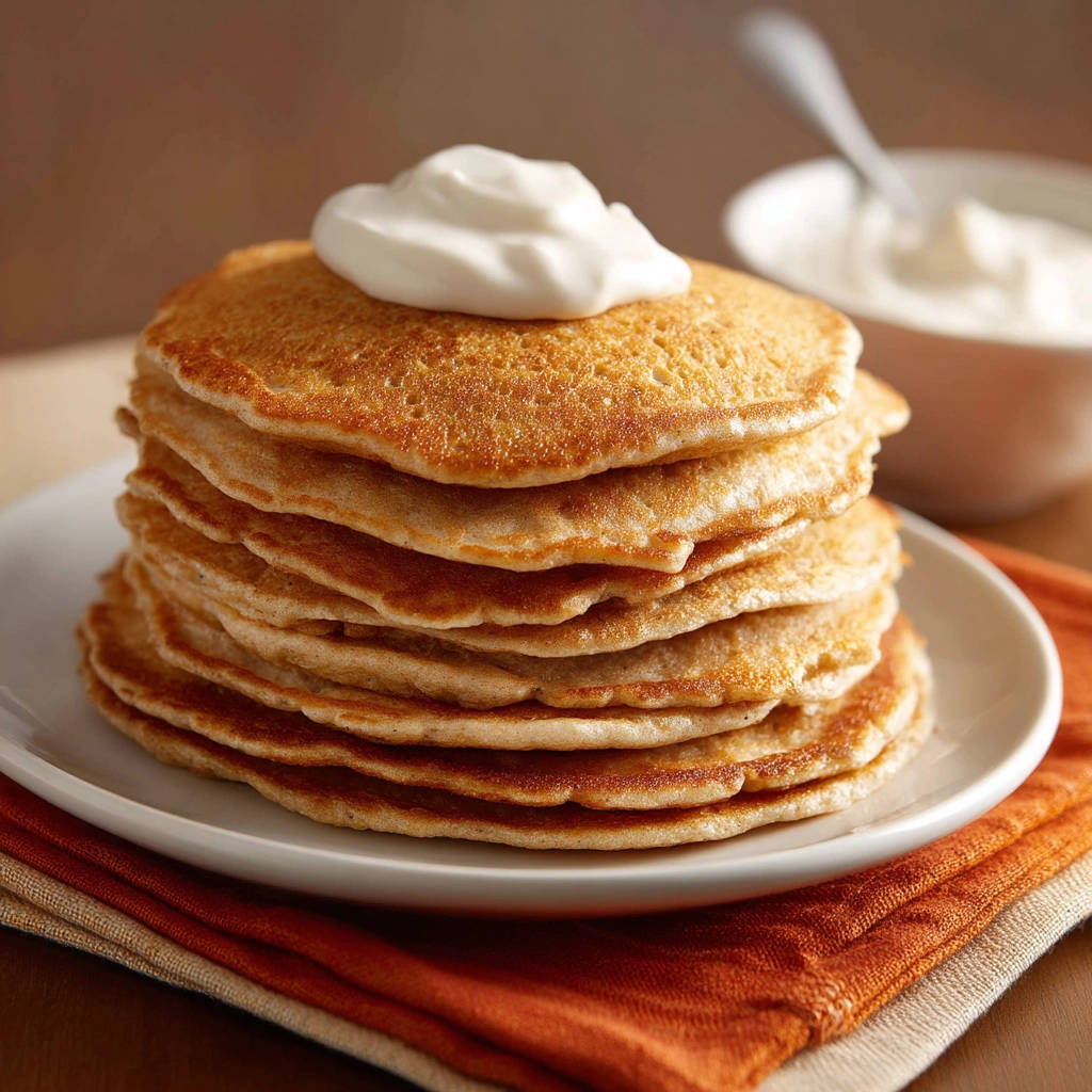 Fluffige Stapel Pfannkuchen mit einem Klecks Creme garniert, die auf einem weißen Teller serviert werden.