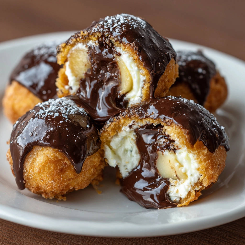Frittierte Bananen-Käse-Bällchen angeschnitten, die cremige Füllung und Schokoladenglasur zeigen