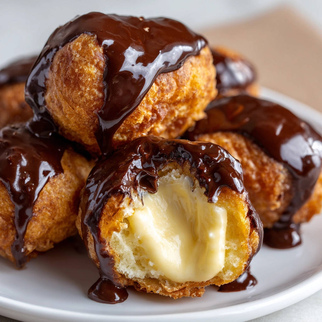 Frittierte Bananen-Käse-Bällchen angeschnitten und mit Schokoladensauce übergossen, die cremige Füllung ist sichtbar.