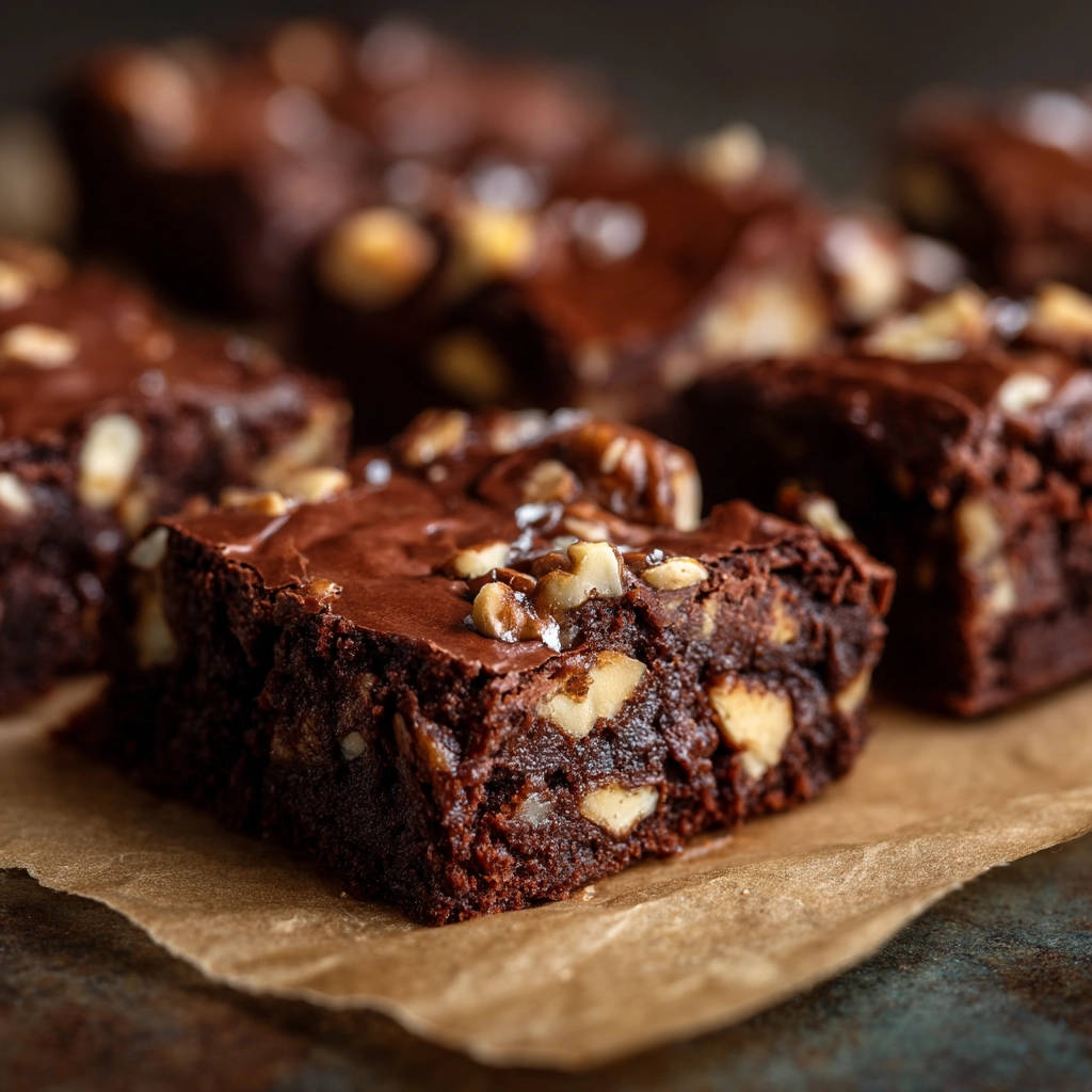 Fudgy Schokoladen-Brownies mit Walnüssen als Nahaufnahme auf Backpapier mit sichtbaren Nüssen und Salzflocken.