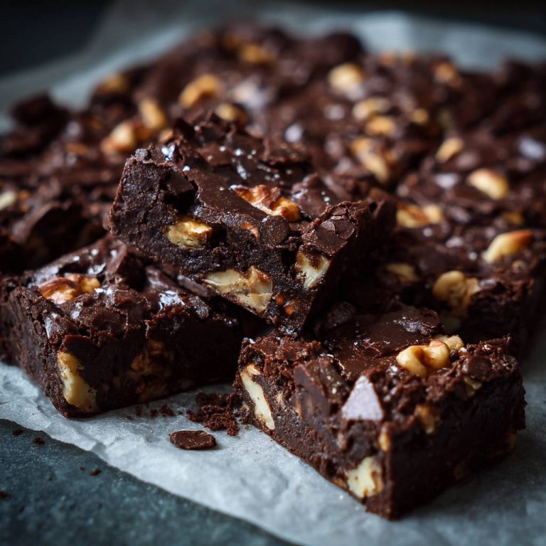 Fudgy Schokoladen-Brownies mit Walnüssen, angeschnitten und zeigen die saftige Textur mit sichtbaren Nüssen und Schokostückchen.