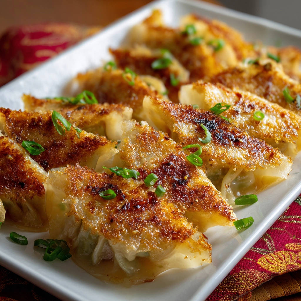 Gebratene Gyoza mit knusprigem Boden, garniert mit frischen Frühlingszwiebeln auf einem weißen Teller.