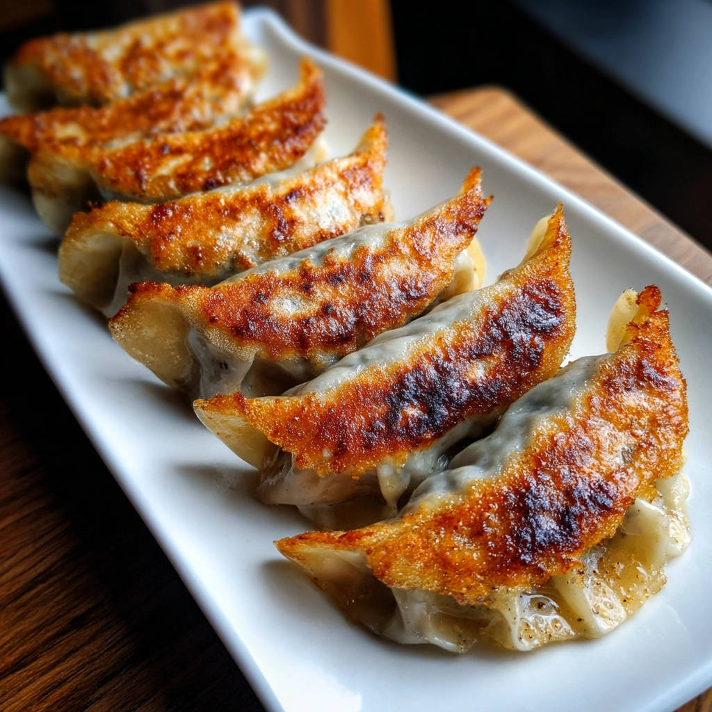 Gebratene Gyoza mit garantiert knusprigem Boden, nahaufnahme der gebratenen Unterseite auf einem weißen Teller.