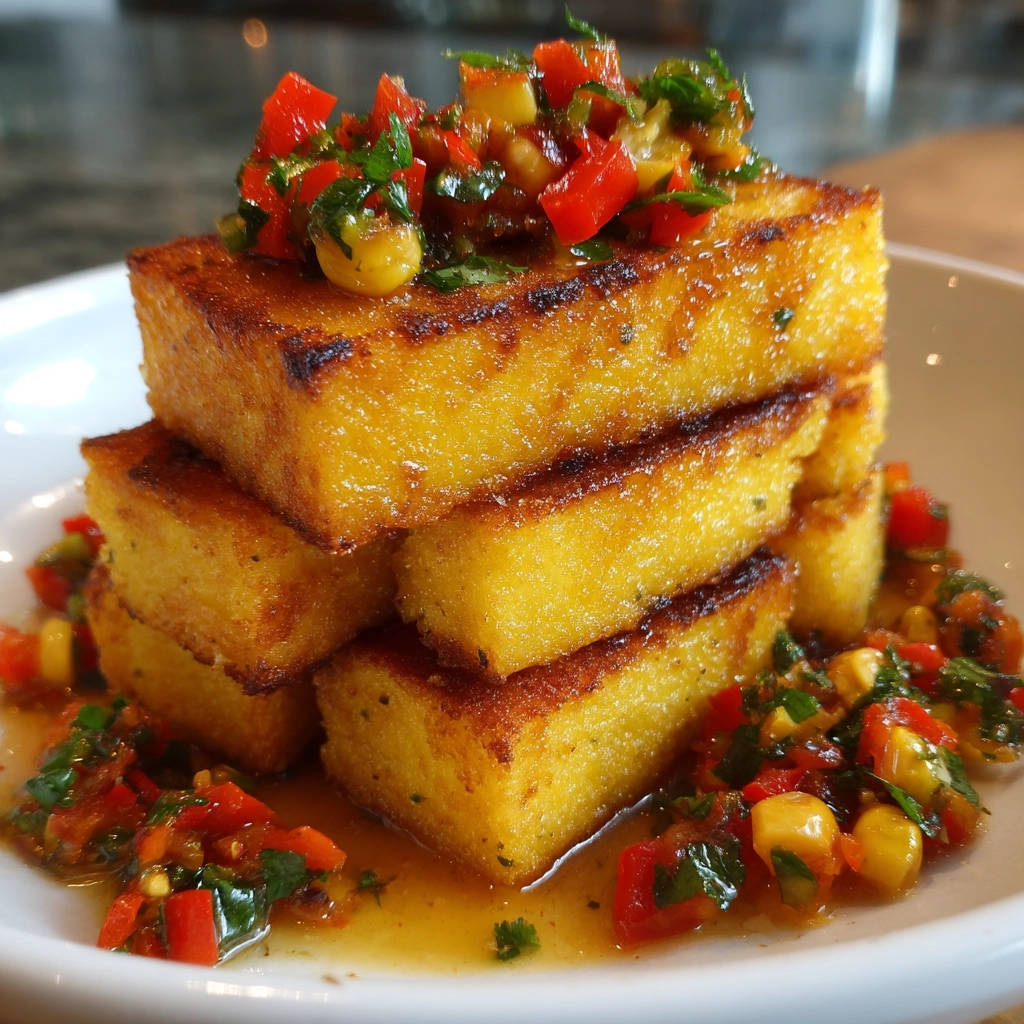 Gebratene Polenta mit Paprika-Salsa, gestapelt auf einem Teller mit frischer Salsa und umgeben von Sauce.