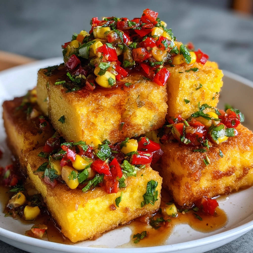 Gebratene Polenta mit Paprika-Salsa, serviert auf einem Teller mit einer detaillierten Ansicht der knusprigen Oberfläche und der frischen Garnitur.