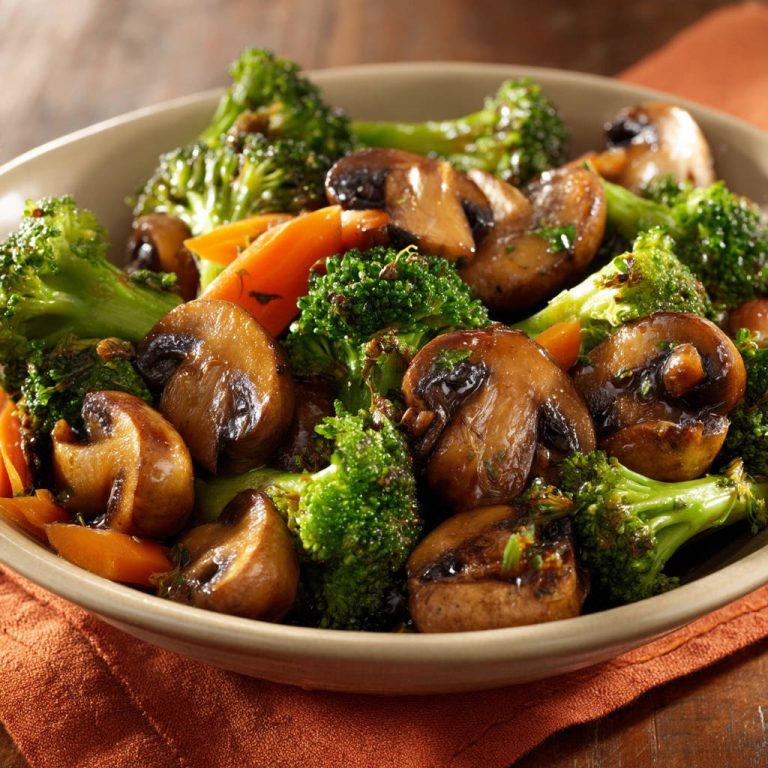 Perfekt gebratenes Gemüse: Brokkoli, Champignons & Karotten in einer Schüssel, Nahaufnahme der glänzenden Textur