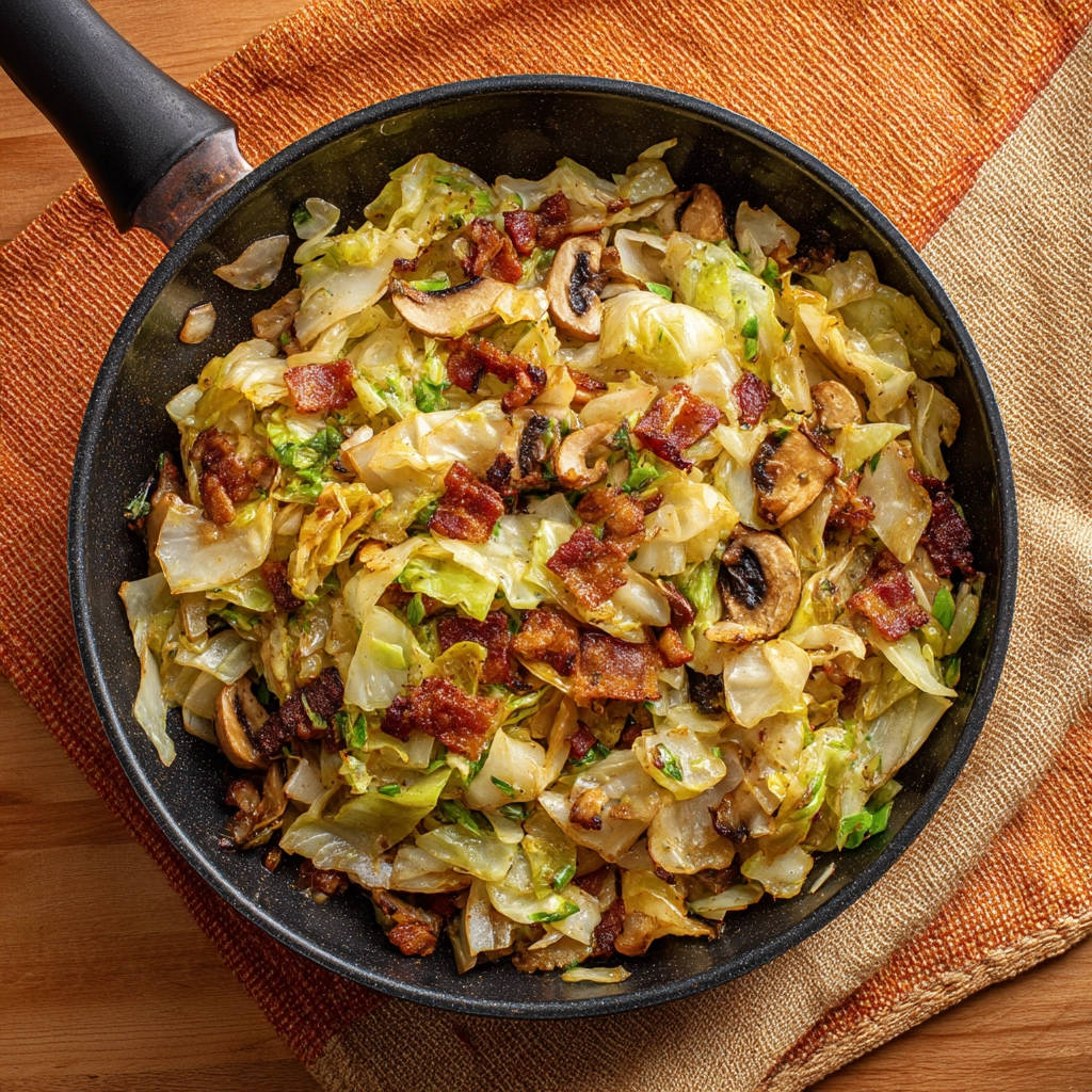 Perfekt gebratenes Kraut mit Speck und Pilzen in einer Pfanne von oben gesehen, mit sichtbaren Zutaten.
