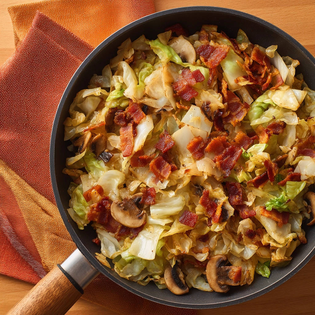Perfekt gebratenes Kraut mit Speck und Pilzen in einer Pfanne von oben fotografiert.