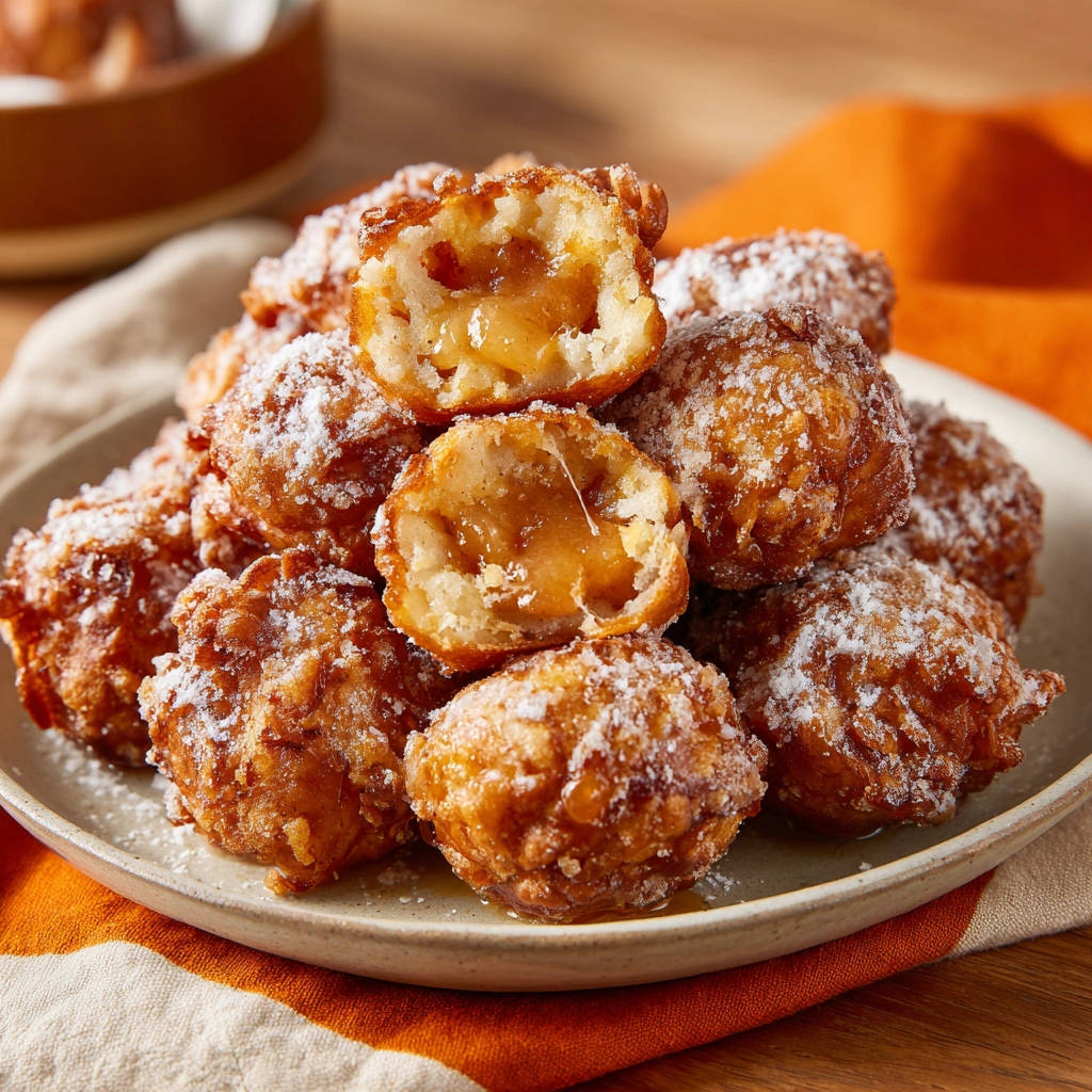 Gefüllte Apfelbällchen angeschnitten, die zeigen, wie die Apfelfüllung im Teig eingebettet ist.