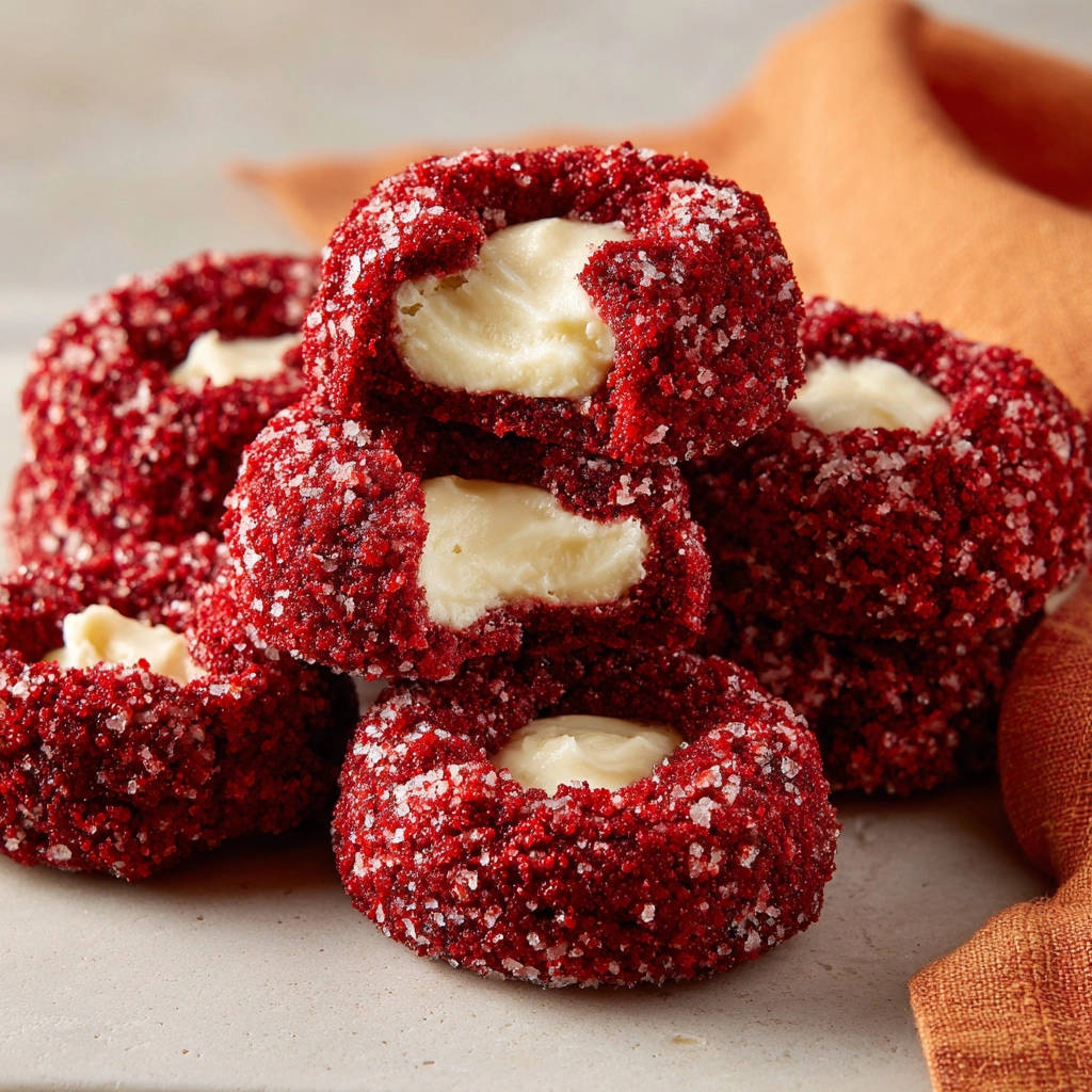 Gefüllte Red Velvet Kekse mit cremiger Füllung, im Anschnitt die saftige Füllung und der rote Keksboden sichtbar.