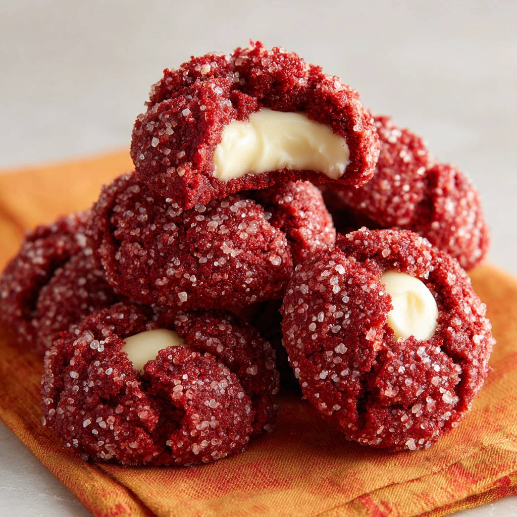 Gefüllte Red Velvet Kekse mit cremiger Füllung, eine Nahaufnahme zeigt das weiche Innere und den roten Keks mit Zuckerkruste.