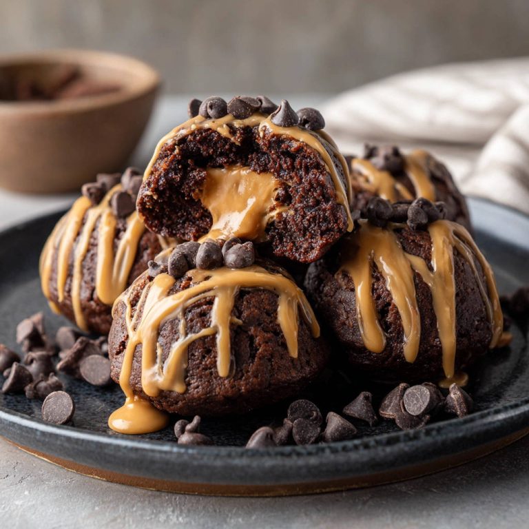 Gefüllte Schoko-Erdnussbutter Bites angeschnitten mit cremiger Erdnussbutter-Füllung und Schokostückchen.