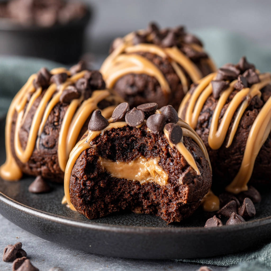 Gefüllte Schoko-Erdnussbutter Bites im Anschnitt, die cremige Erdnussbutterfüllung und Schokostückchen zeigen.