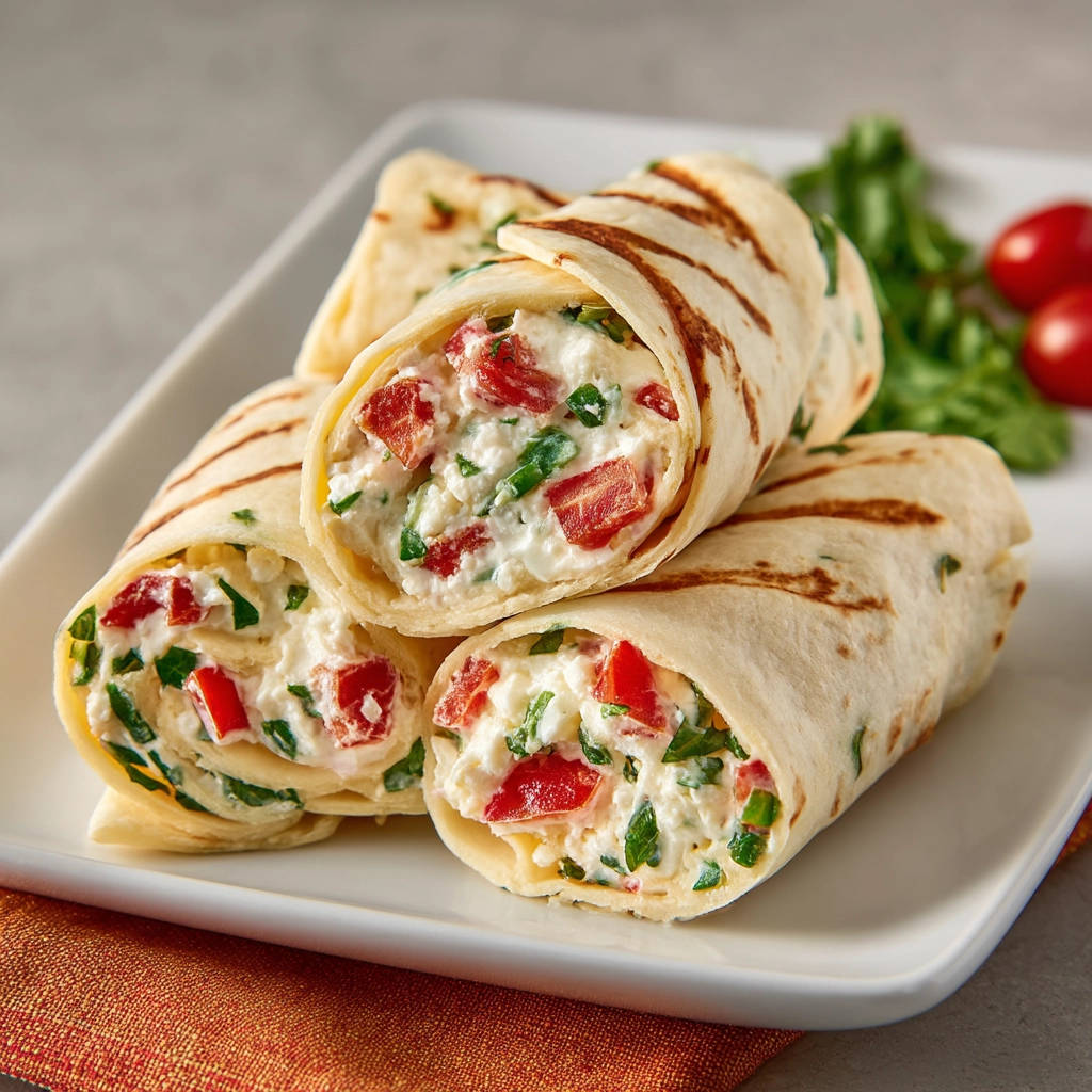 Gefüllte Tortilla-Rollen vom Grill im Nahaufnahme-Querschnitt, die cremige Füllung aus Frischkäse und roten Paprikastücken zeigend.