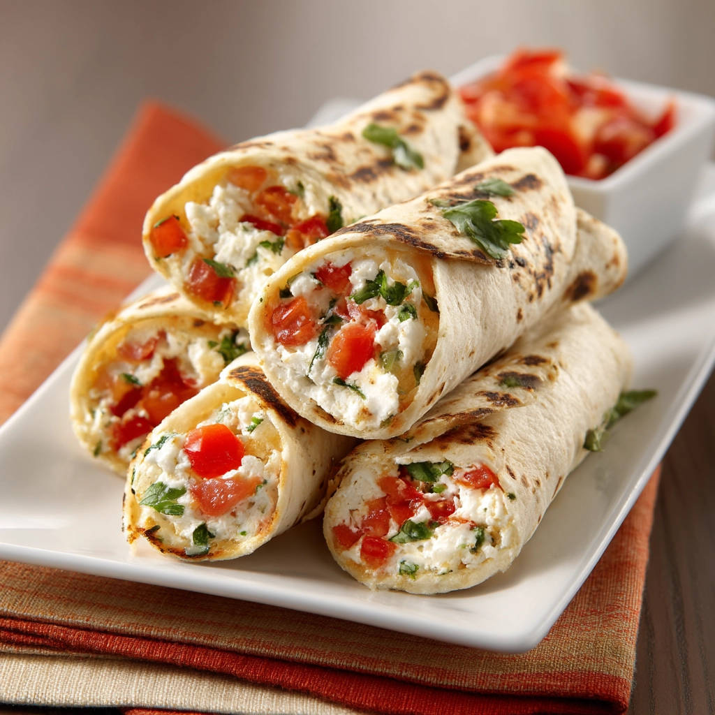 Gefüllte Tortilla-Rollen vom Grill mit cremiger Füllung und Tomaten, nahaufnahme der gerollten Tortillas.
