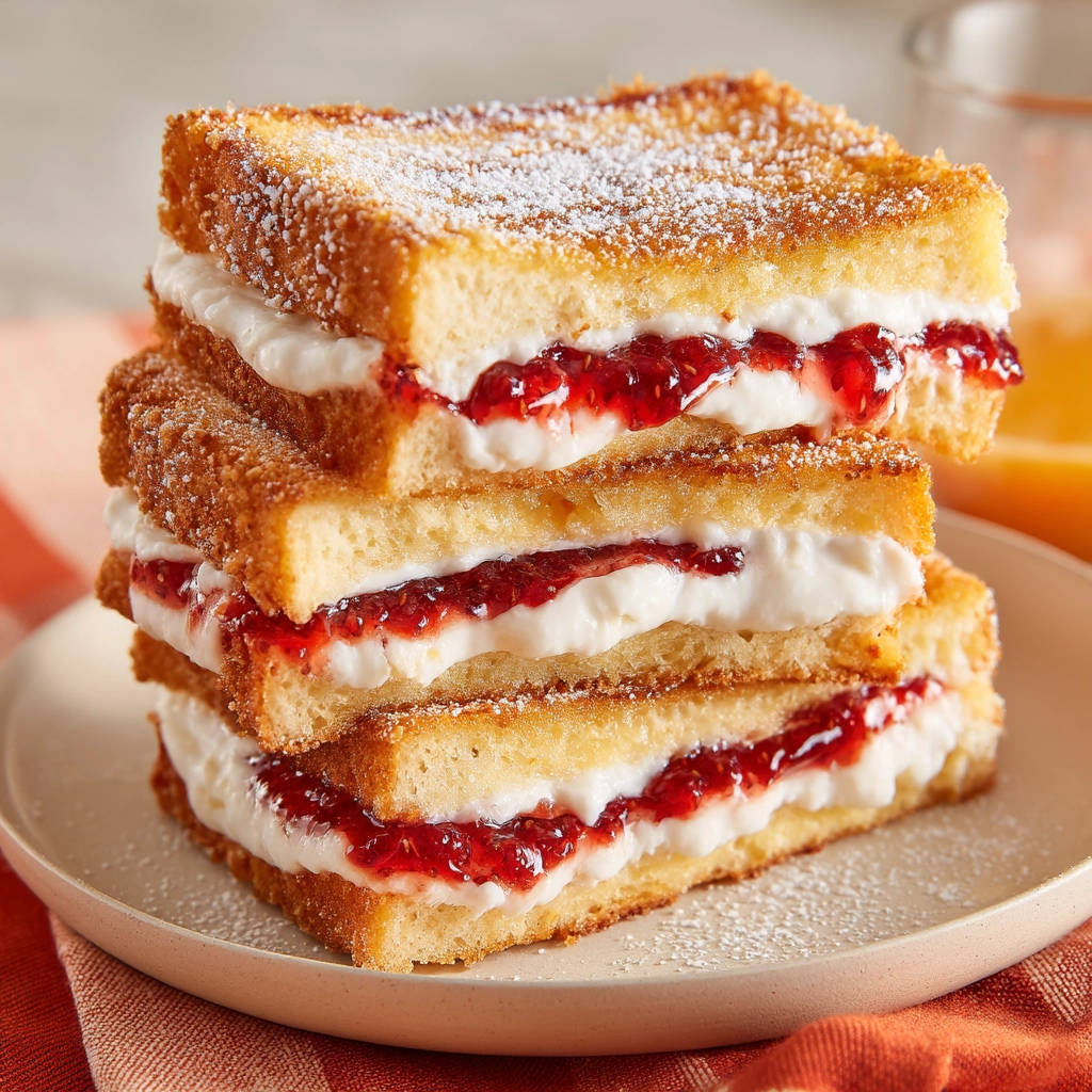 Gefüllter Armer Ritter als Stapel mit einer cremigen Füllung und roter Marmelade, bestäubt mit Puderzucker.