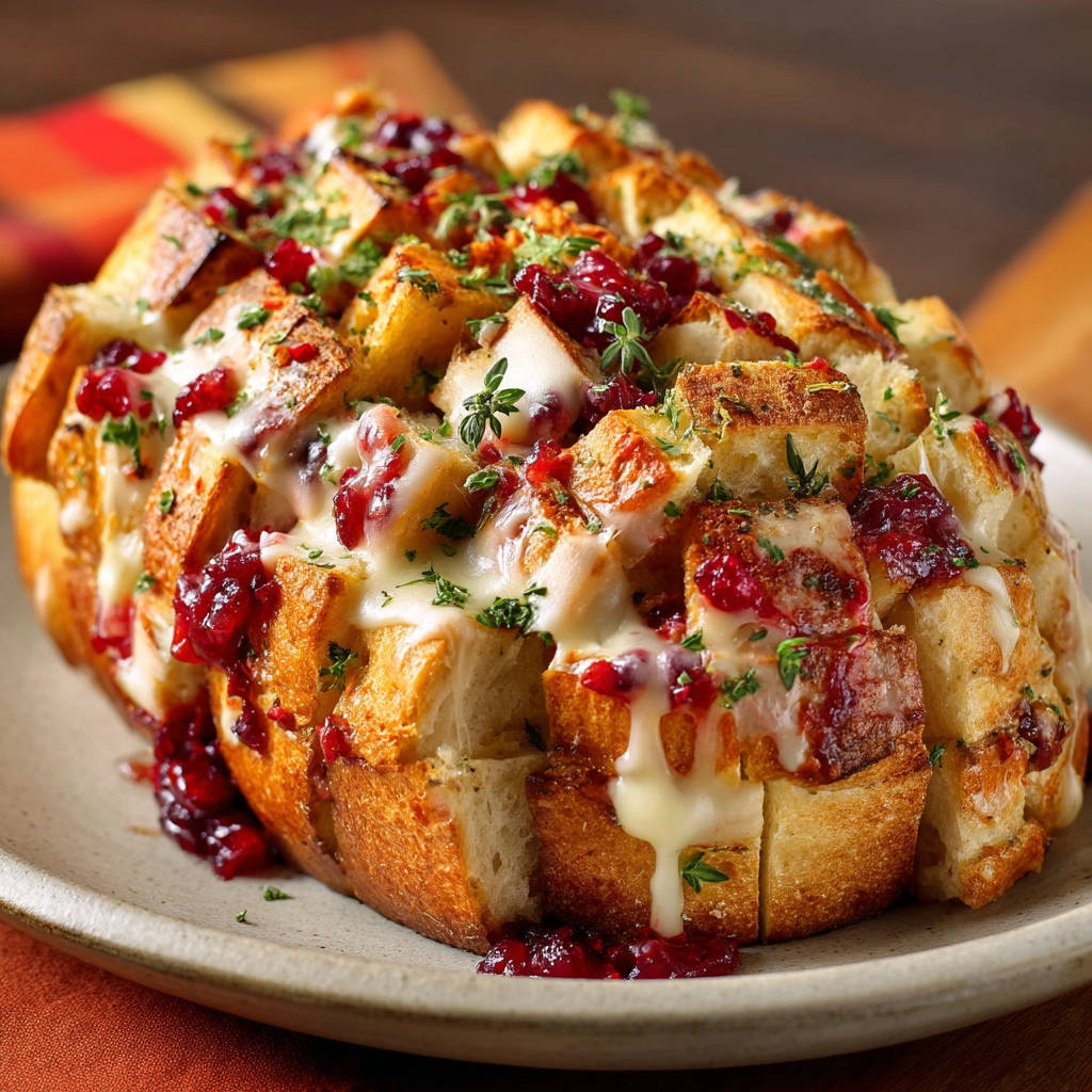 Gefülltes Käse-Cranberry-Brot, im Ganzen serviert und mit frischer Petersilie und Cranberry-Soße garniert.
