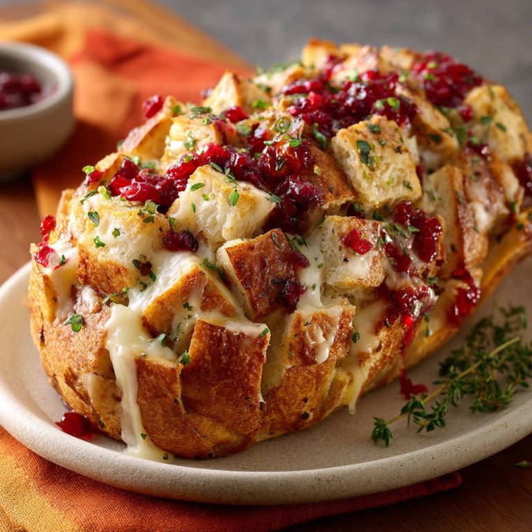 Gefülltes Käse-Cranberry-Brot als Nahaufnahme mit geschmolzenem Käse und Cranberry-Topping auf einem Teller.