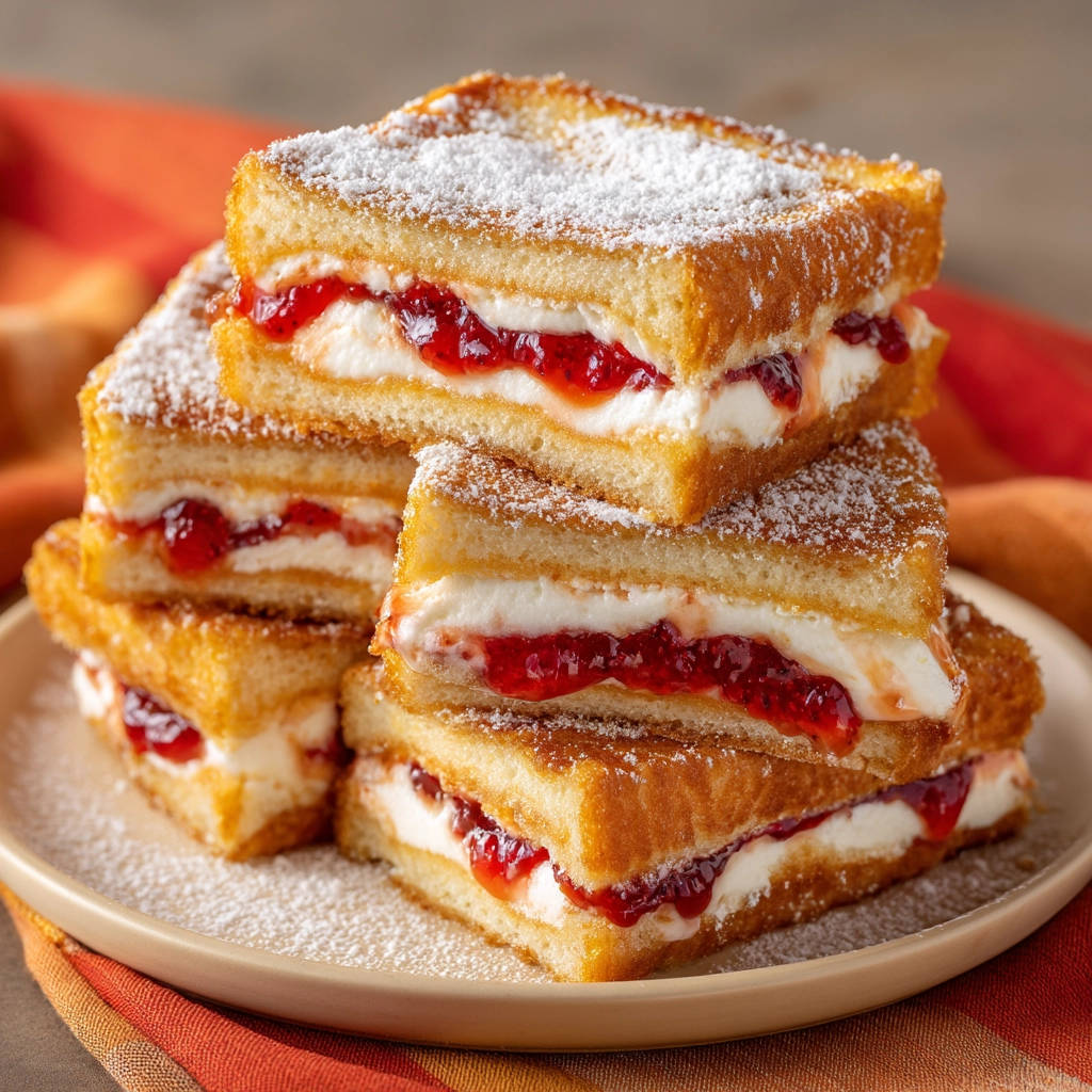 Gefüllter Armer Ritter als angeschnittener Stapel mit cremiger Füllung und Erdbeermarmelade, bestäubt mit Puderzucker.