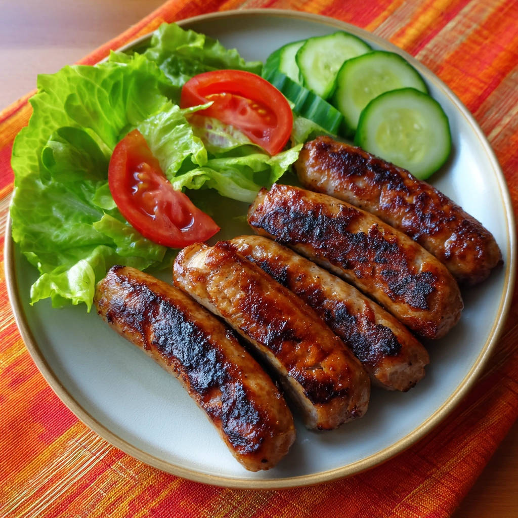 Gegrillte Würstchen mit Salat, angerichtet auf einem Teller mit Tomaten und Gurkenscheiben.