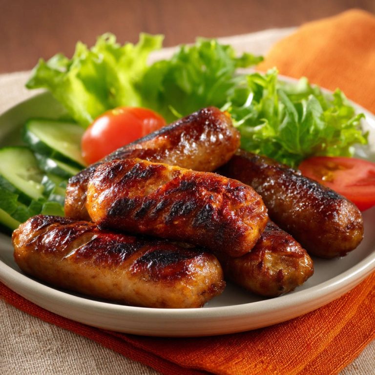 Gegrillte Würstchen mit Salat auf einem Teller, Nahaufnahme der saftigen Würstchen mit Grillstreifen und frischem Gemüse.