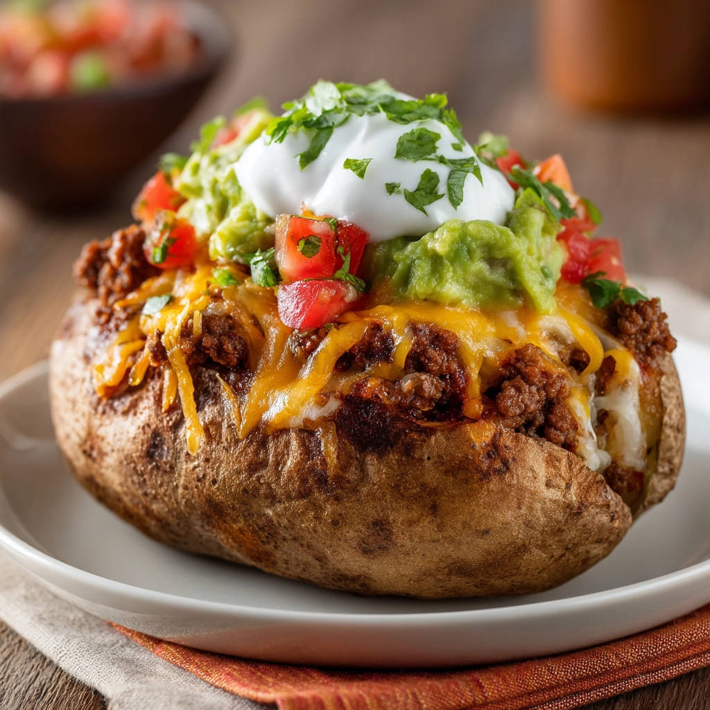 Geladene Ofenkartoffel mit Hackfleisch, Käse, Guacamole und Sauerrahm, nahaufnahme mit frischer Garnitur