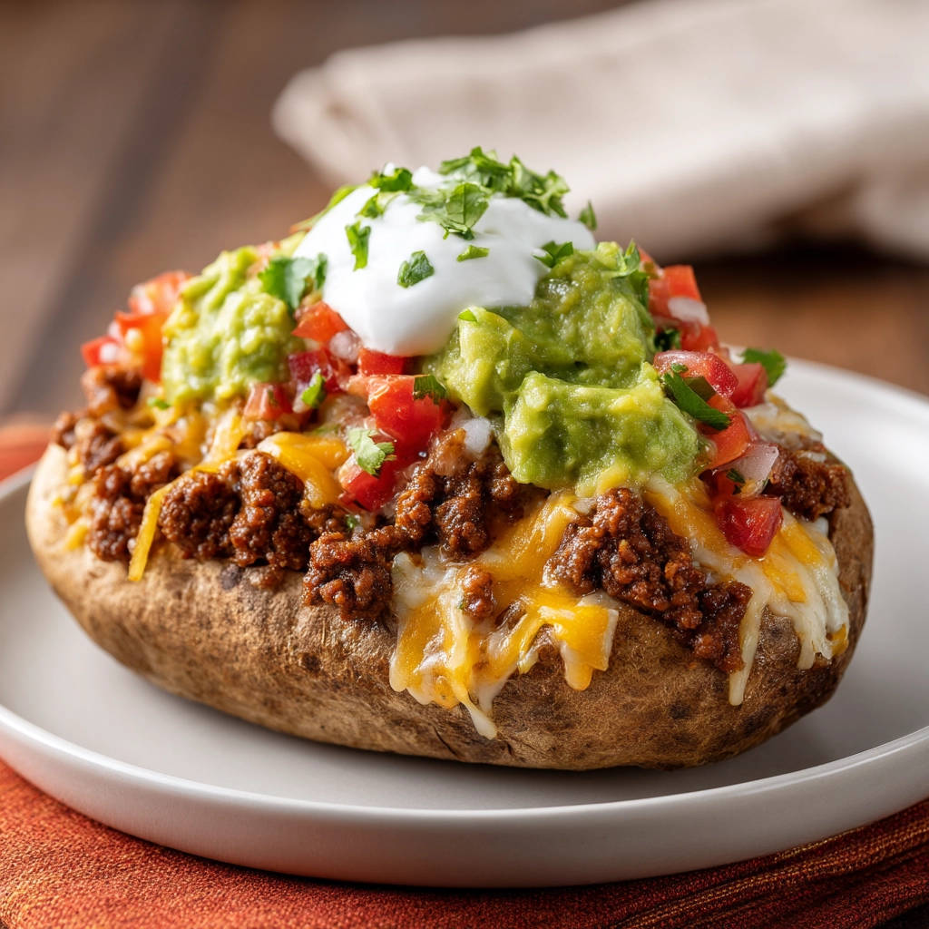 Geladene Ofenkartoffel, garniert mit Hackfleischfüllung, Käse, Guacamole, Tomaten und Sauerrahm auf einem Teller.