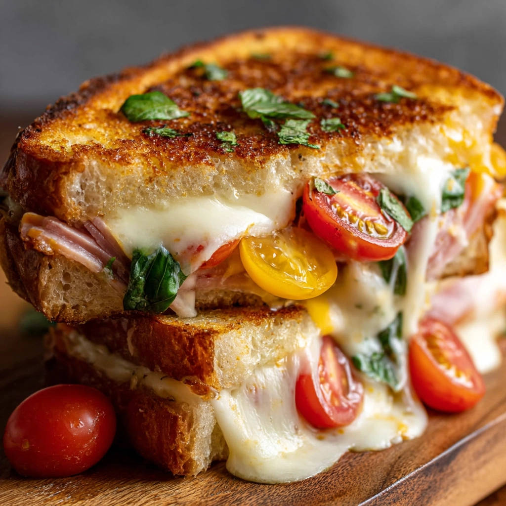 Geröstetes Käse-Sandwich als Nahaufnahme mit geschmolzenem Käse, Tomaten und Basilikum