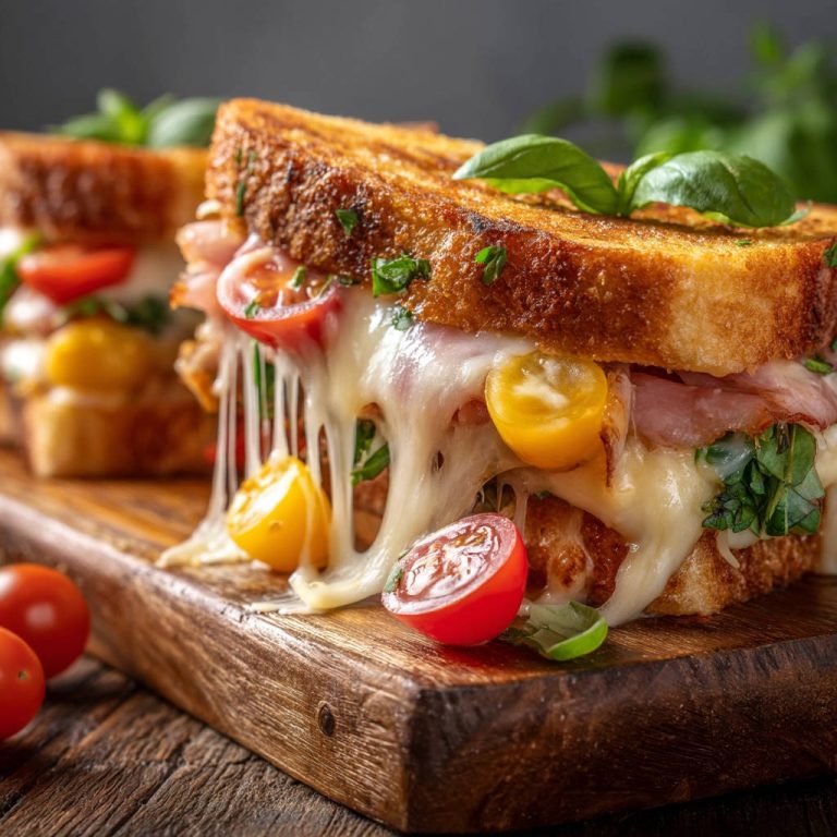 Geröstetes Käse-Sandwich mit geschmolzenem Käse, der zwischen den Brotscheiben herausläuft, garniert mit Tomaten.