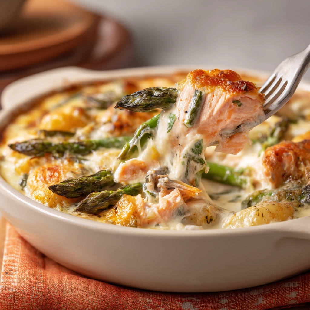Gnocchi-Lachs-Auflauf mit Spargel, eine Gabel nimmt ein cremiges Stück mit Lachs und Spargel heraus.
