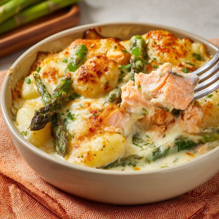 Gnocchi-Lachs-Auflauf mit Spargel, Nahaufnahme mit Gabel, die ein Stück saftigen Lachs heraushebt.