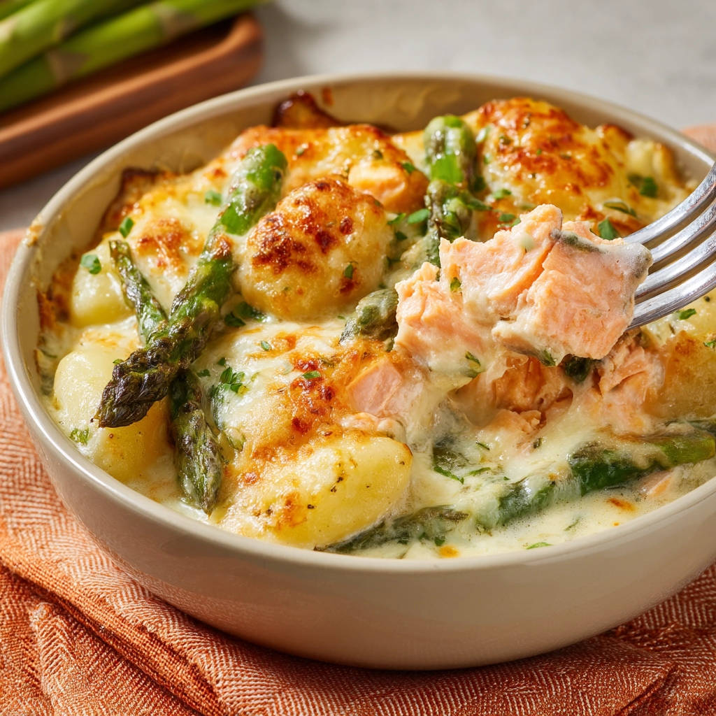 Gnocchi-Lachs-Auflauf mit Spargel, Nahaufnahme mit Gabel, die ein Stück saftigen Lachs heraushebt.