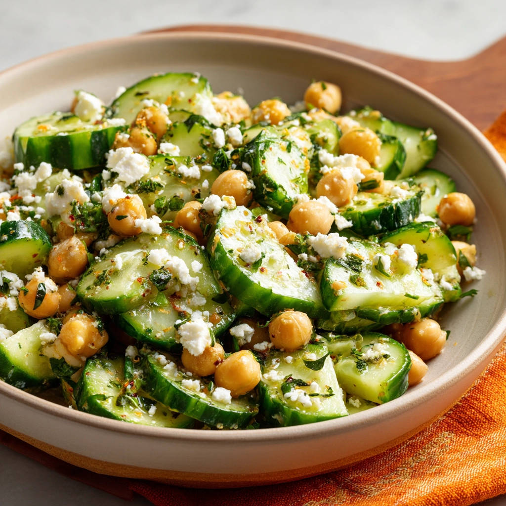 Gurkensalat mit Kichererbsen und Feta, eine Nahaufnahme des knackigen Salats mit zerbröseltem Feta und Kräutern.