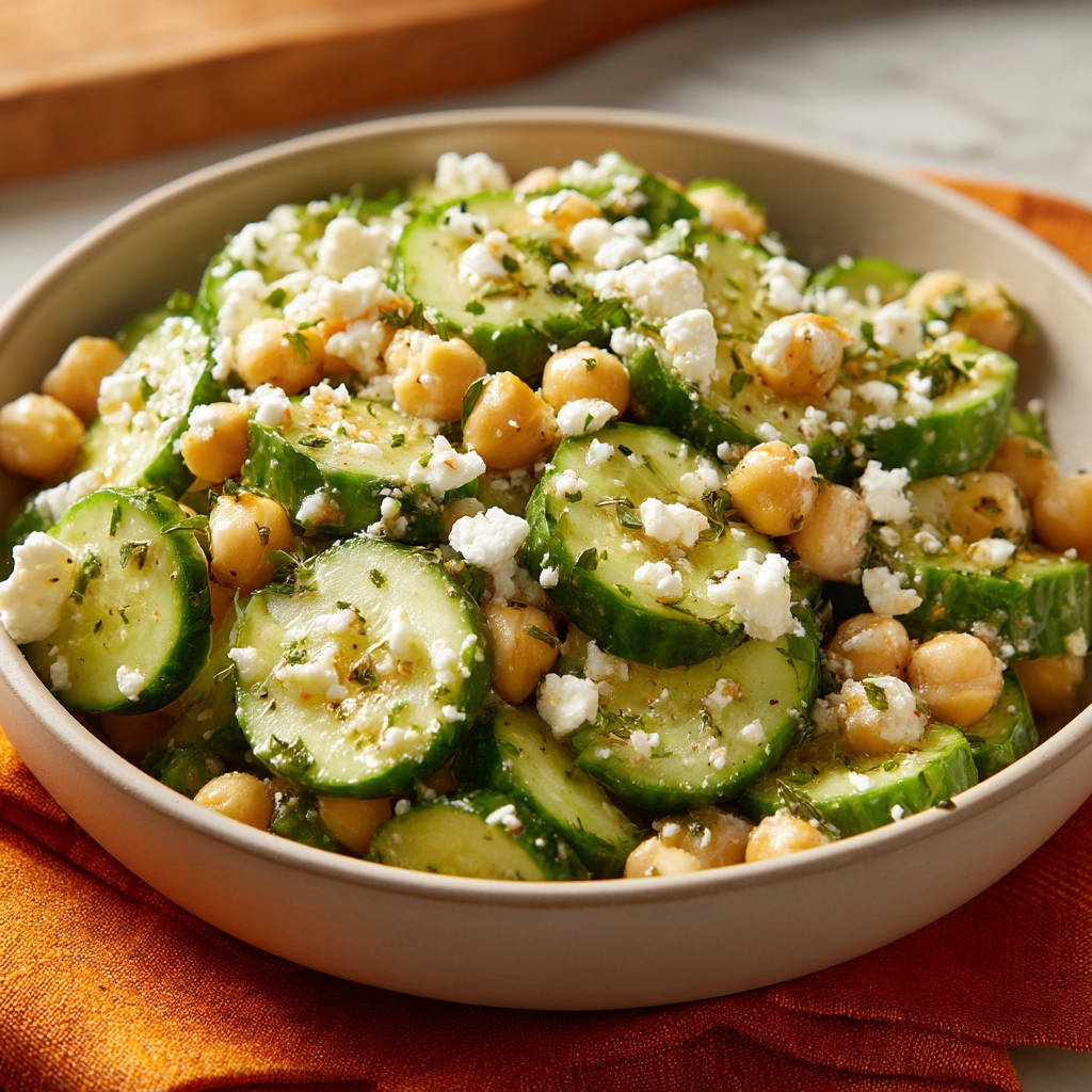 Gurkensalat mit Kichererbsen und Feta, eine Nahaufnahme, die die frischen Gurkenscheiben, Kichererbsen und zerbröselten Feta-Käse zeigt.