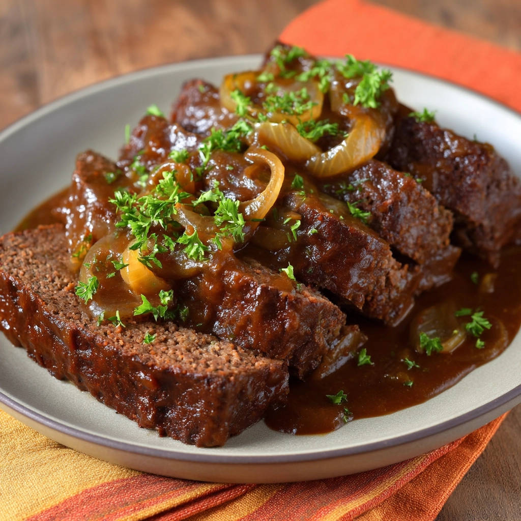 Hackbraten mit Zwiebelsoße, saftige Scheiben auf einem Teller mit karamellisierten Zwiebeln und Petersilie garniert