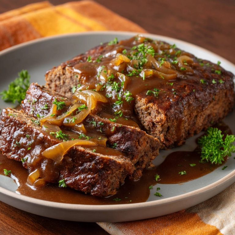 Hackbraten mit Zwiebelsoße, ein saftiges Stück Hackbraten mit reichlich Soße und Zwiebeln, angeschnitten auf einem Teller serviert.