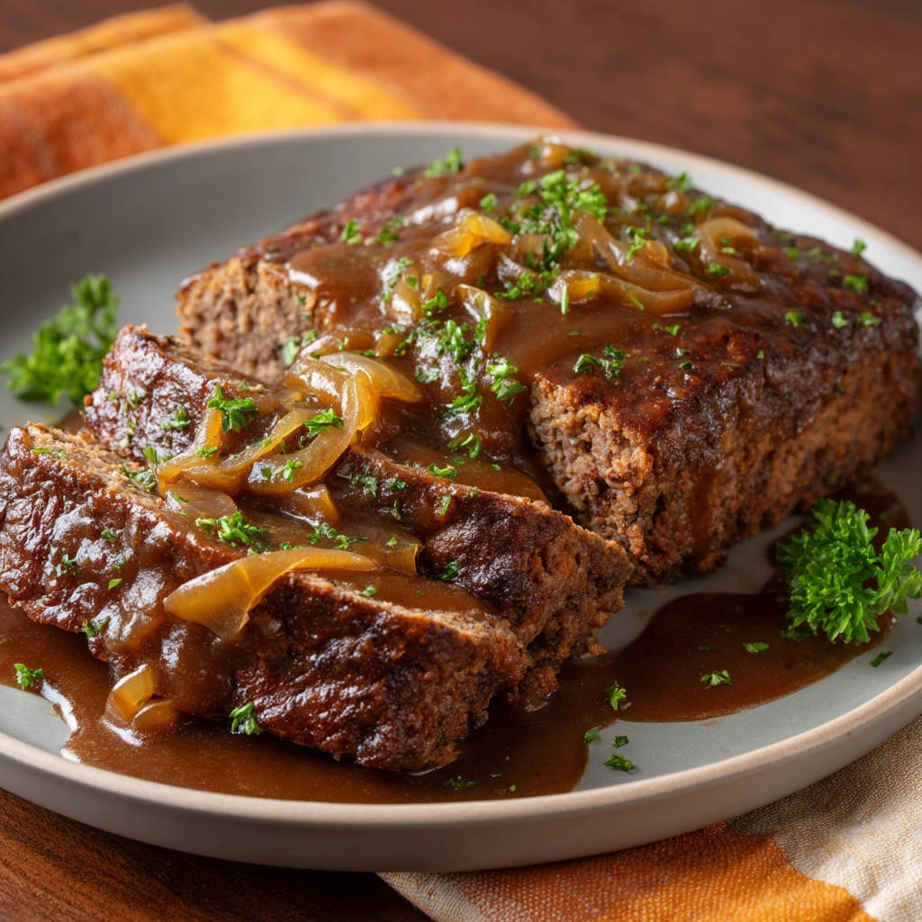 Hackbraten mit Zwiebelsoße, ein saftiges Stück Hackbraten mit reichlich Soße und Zwiebeln, angeschnitten auf einem Teller serviert.