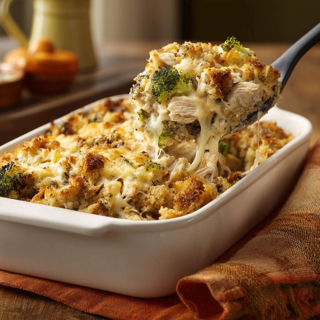 Hähnchen-Brokkoli-Auflauf cremig innen, knusprig oben, angeschnitten mit geschmolzenem Käse und Brokkoli.